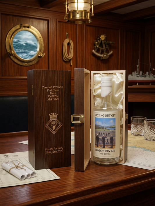 Passing Out London Dry Gin in an open engraved wooden passing out box