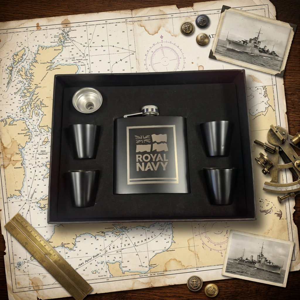 Royal Navy hip flask gift set with four cups and a funnel