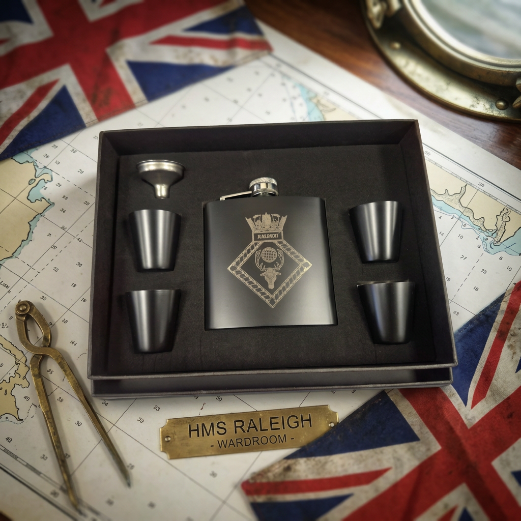 Engraved hip flask gift set with four cups and a funnel