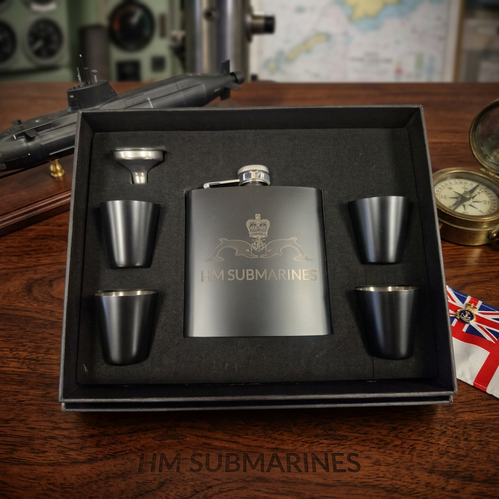 Black hip flask gift set with four cups and a funnel