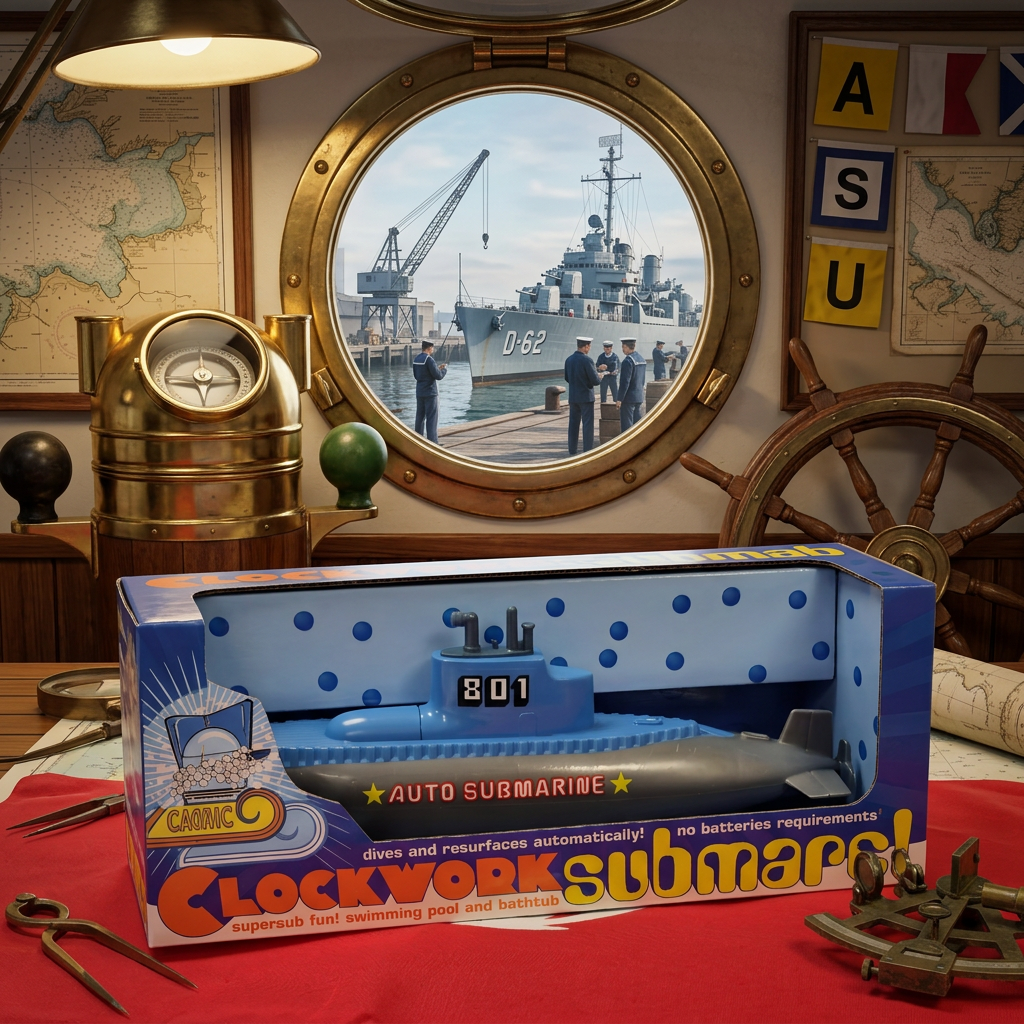 Clockwork submarine toy in its box