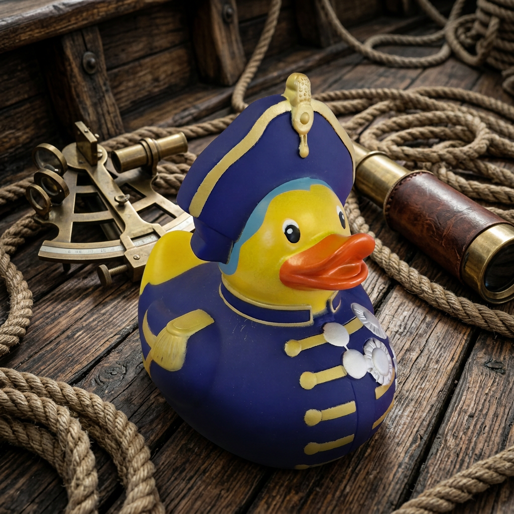 Rubber duck in a naval officer's hat and uniform