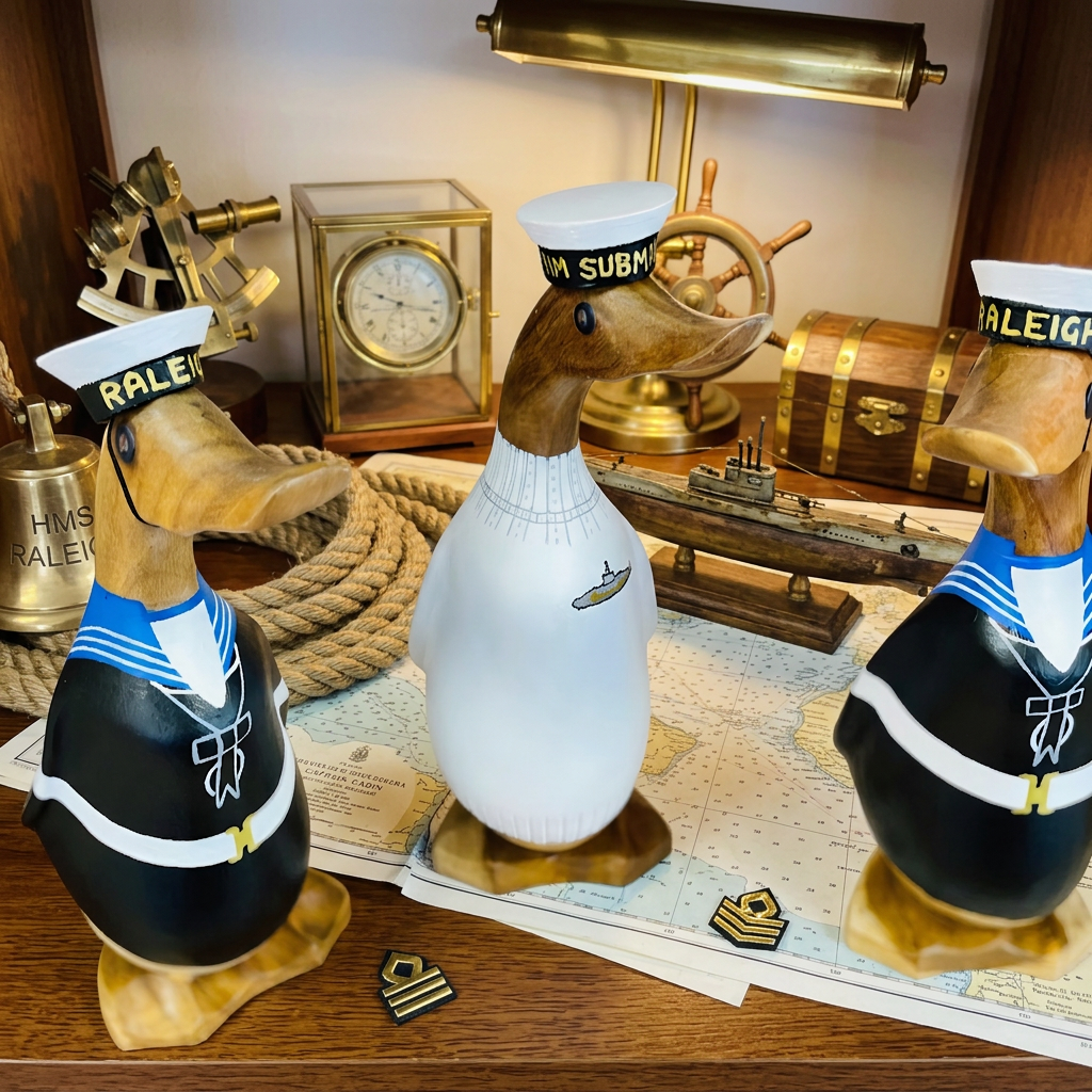 Three HM Duck ornaments in sailor uniform